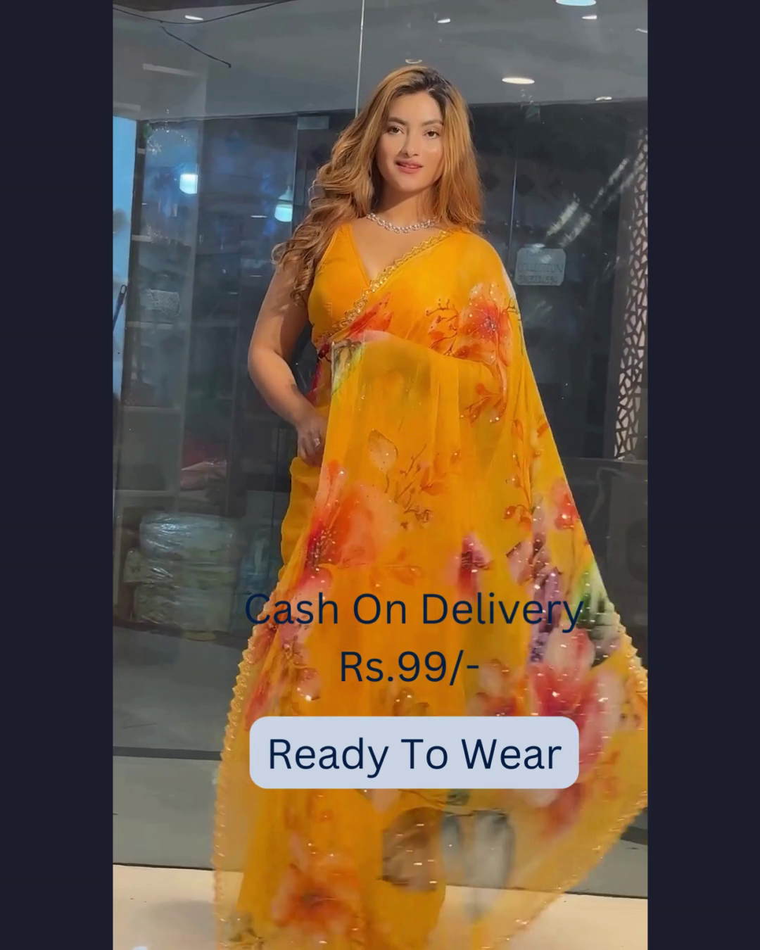 Sunshine Yellow Floral Ready-to-Wear Saree – Grace with Effortless Glam - Image 6