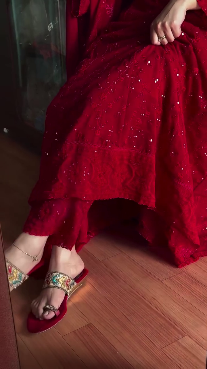 Red Sequin Embellished Kurta Palazzo Set - Image 2