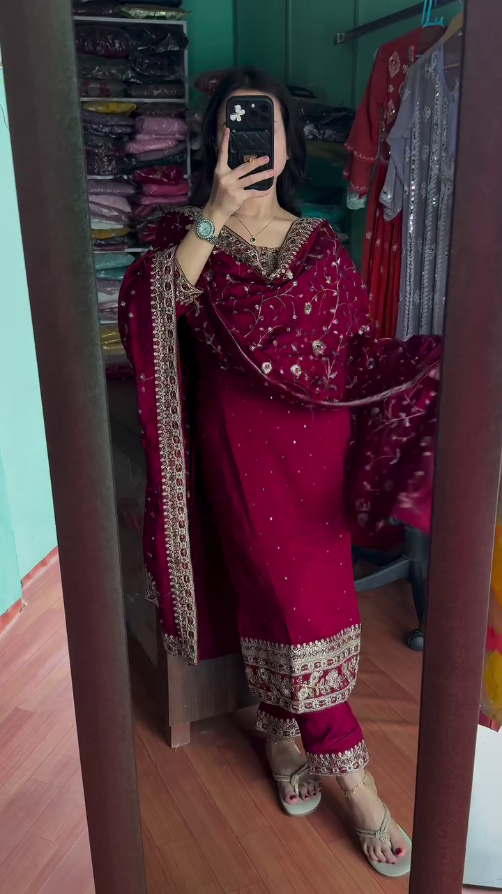 Multicolor silk heavy handwork kurta set with dupatta - Image 3