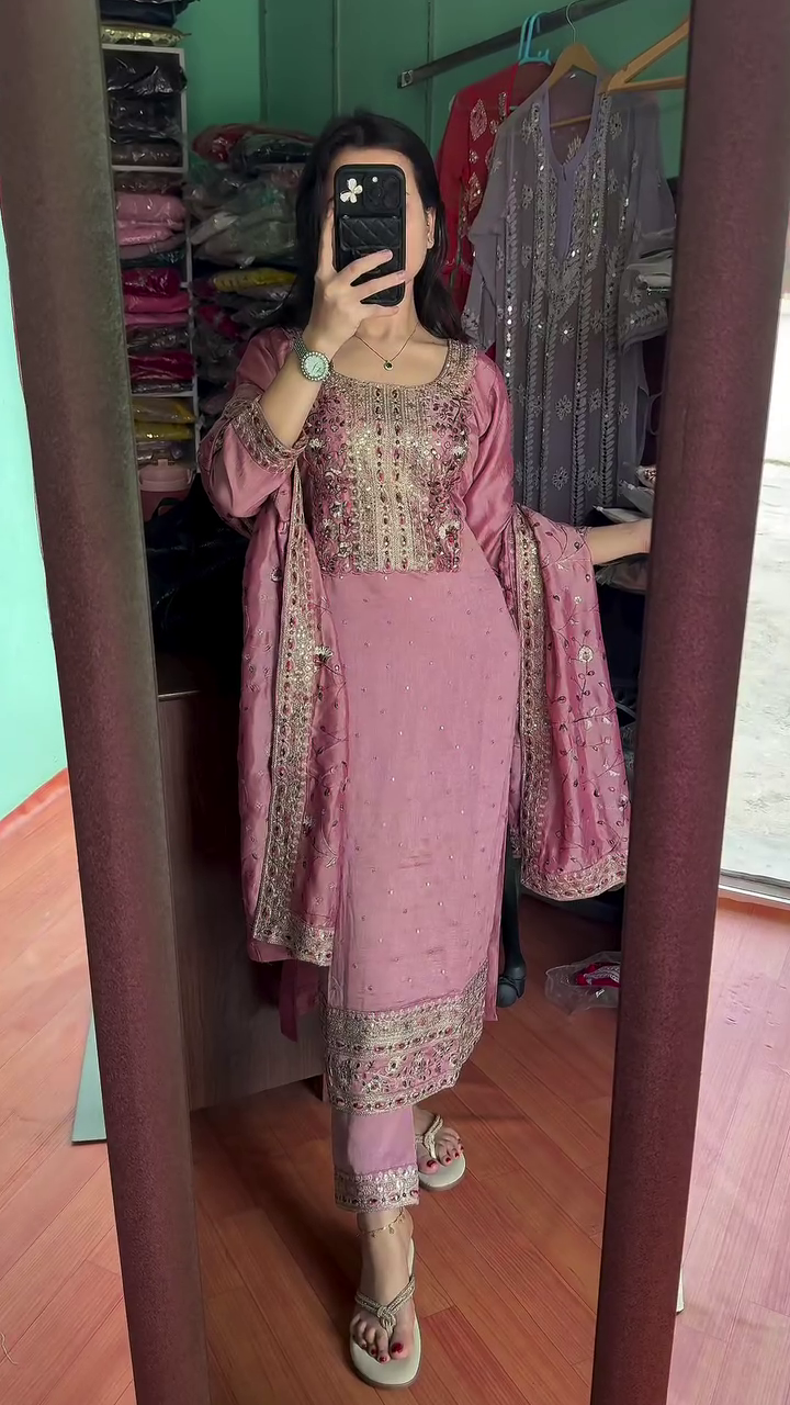 Multicolor silk heavy handwork kurta set with dupatta - Image 7