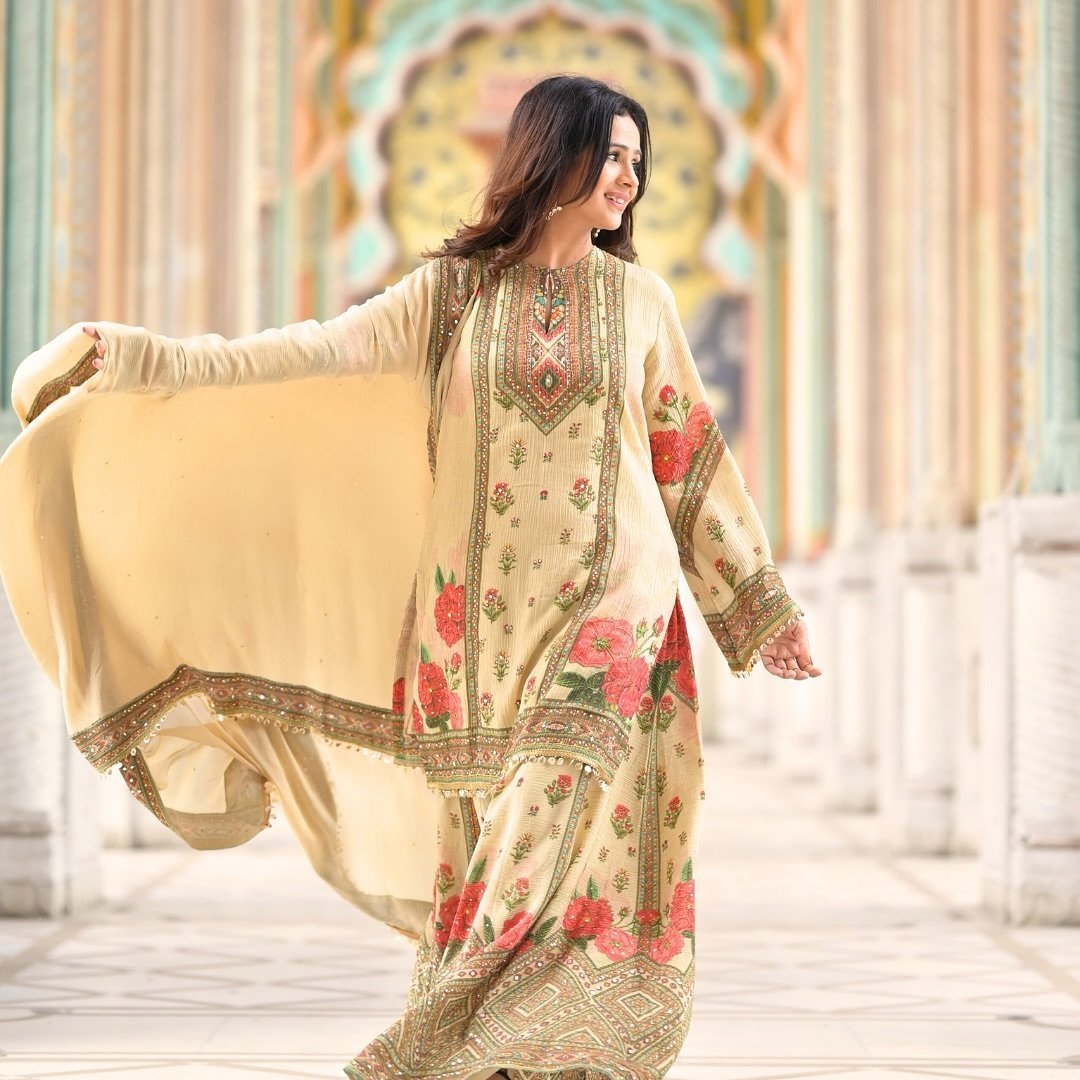 Stylish Chikoo Viscose Embroidered Designer Sharara Plazo Salwar Suit