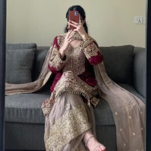 WINE GEORGETTE WITH SHARARA SUIT AND HEAVY DUPATTA