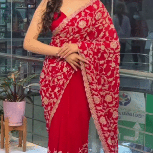 Radiant Red Embroidered Saree with Intricate Floral Detailing