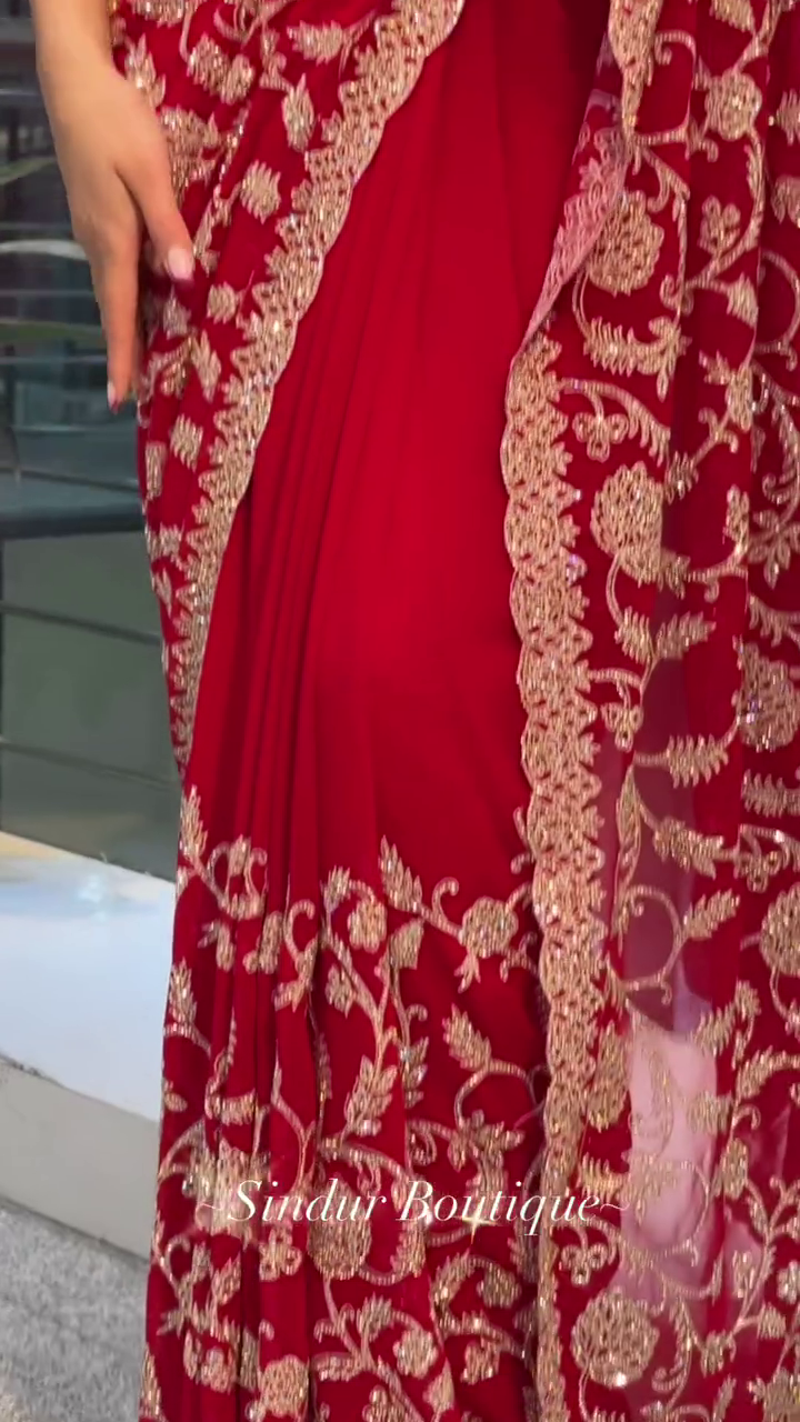 Radiant Red Embroidered Saree with Intricate Floral Detailing - Image 3