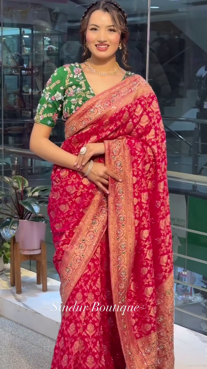 Exquisite Red Banarasi Saree with Zari Embroidery and Contrasting Green Blouse