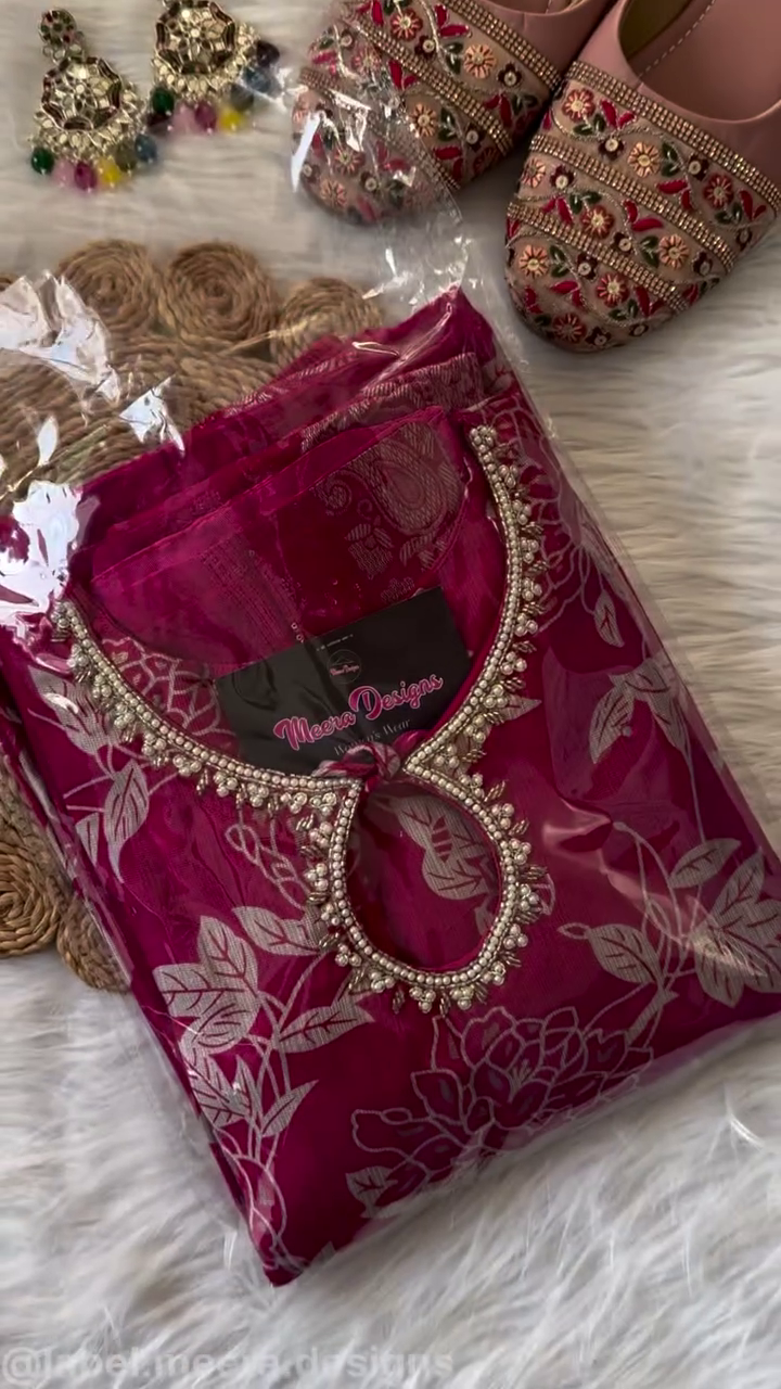 Elegant Magenta Floral Print Suit Set with Embellished Neckline and Matching Dupatta