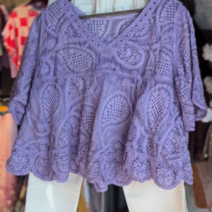 Lavender Floral Embroidery Lace Peplum Top with White Slim-Fit Trousers.
