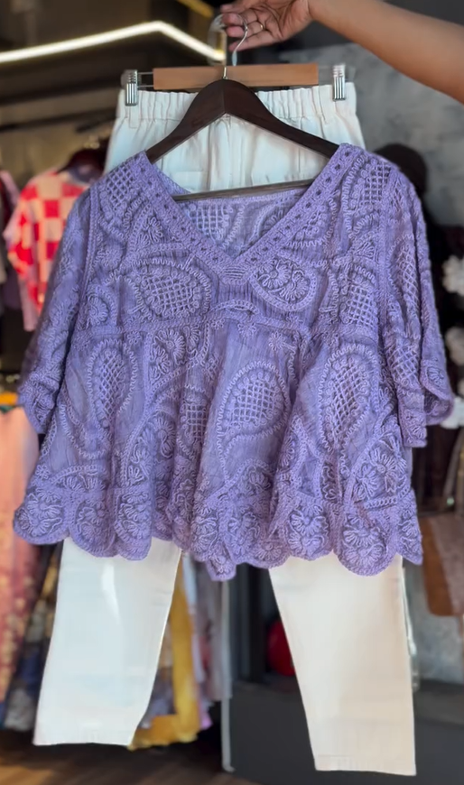 Lavender Floral Embroidery Lace Peplum Top with White Slim-Fit Trousers.