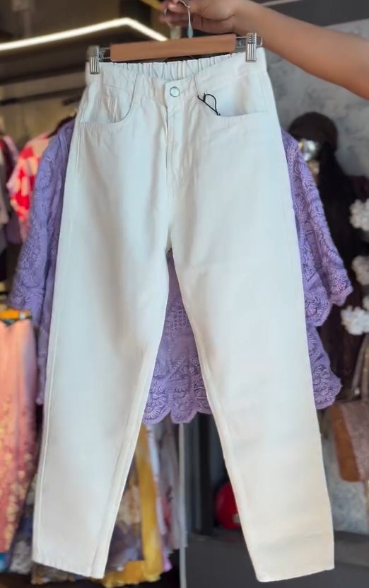 Lavender Floral Embroidery Lace Peplum Top with White Slim-Fit Trousers. - Image 2