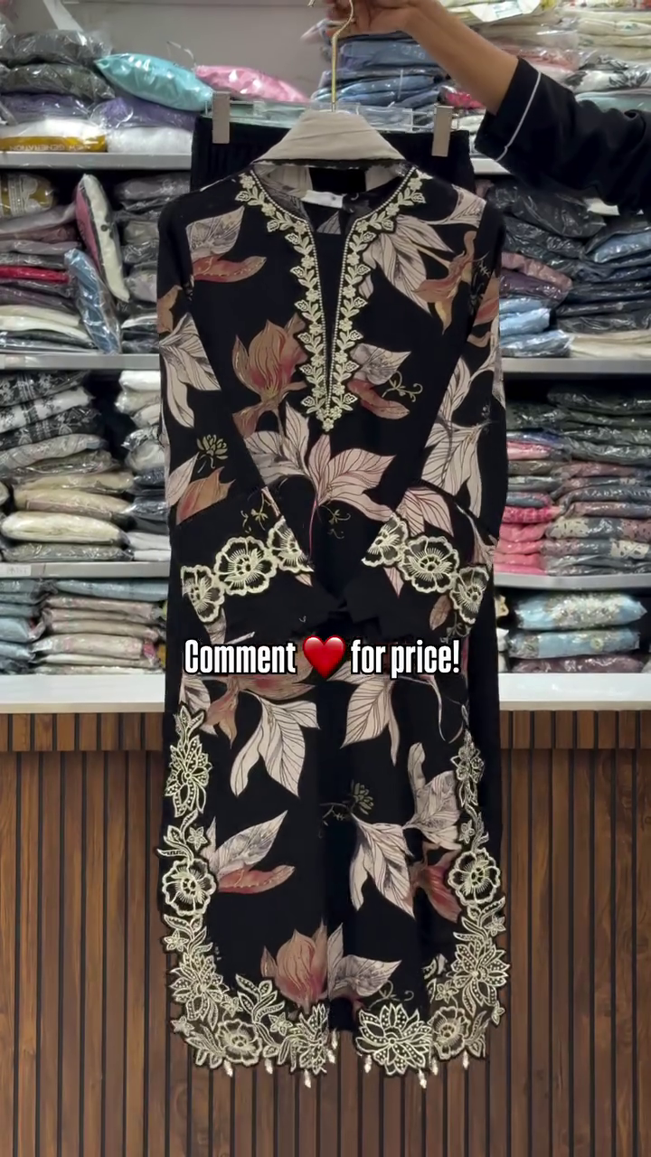 Elegant Black Floral Printed Embroidered Kurti – Festive & Party Wear for Women