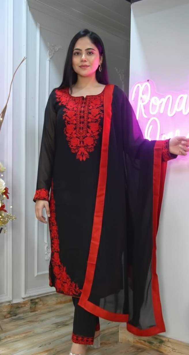 Champagne Gold Tissue Silk Suit with Scalloped Embroidery & Fuchsia Contrast - Image 4