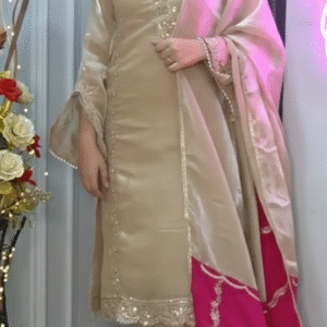 Champagne Gold Tissue Silk Suit with Scalloped Embroidery & Fuchsia Contrast