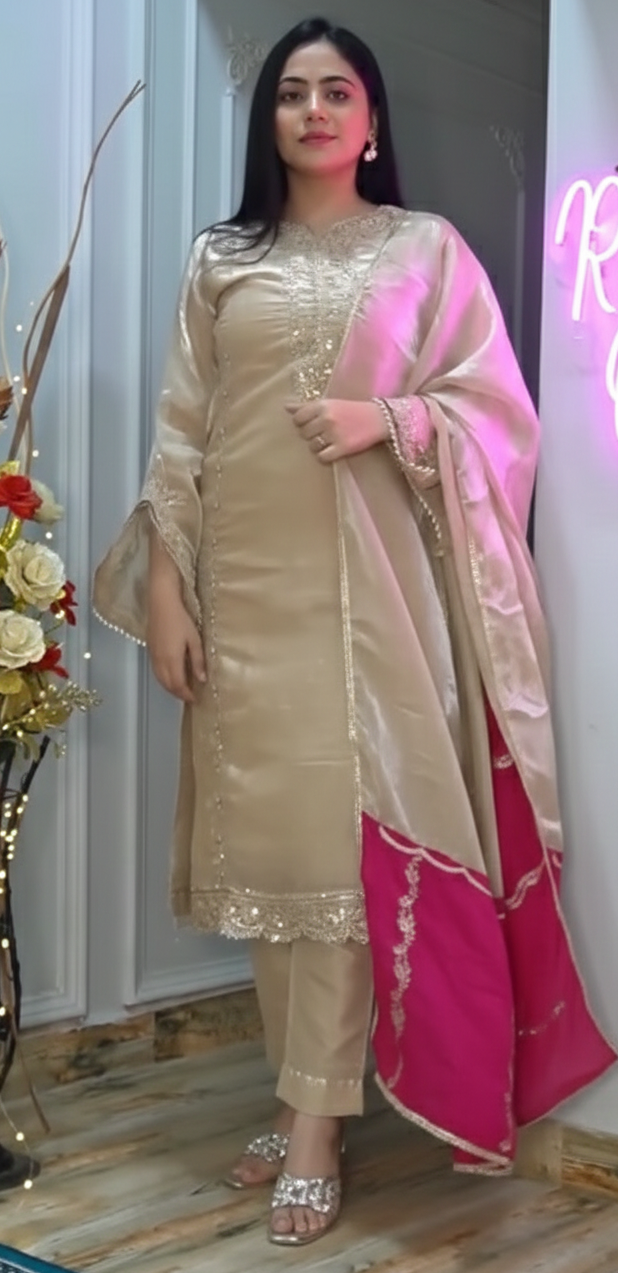 Champagne Gold Tissue Silk Suit with Scalloped Embroidery & Fuchsia Contrast