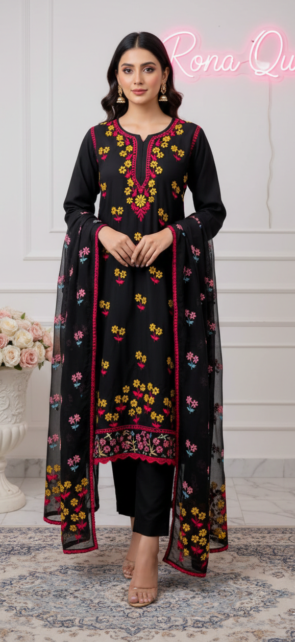 Midnight Black Cotton Silk Suit with Pink Floral Resham Embroidery - Image 5