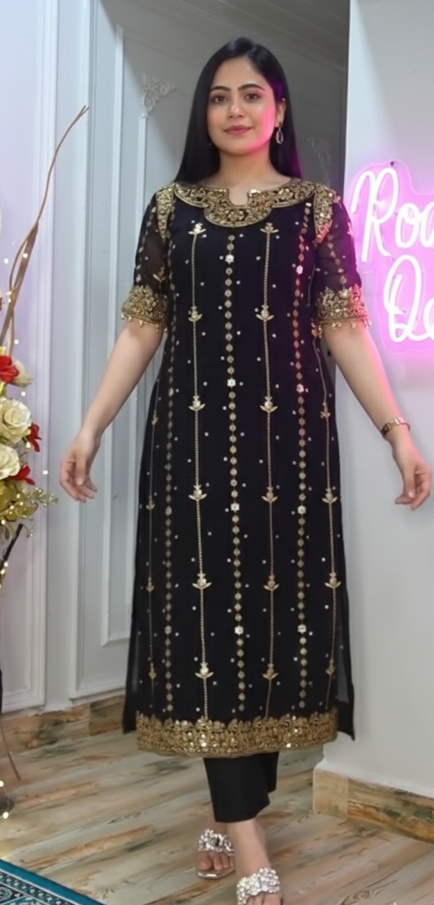 Champagne Gold Tissue Silk Suit with Scalloped Embroidery & Fuchsia Contrast - Image 2