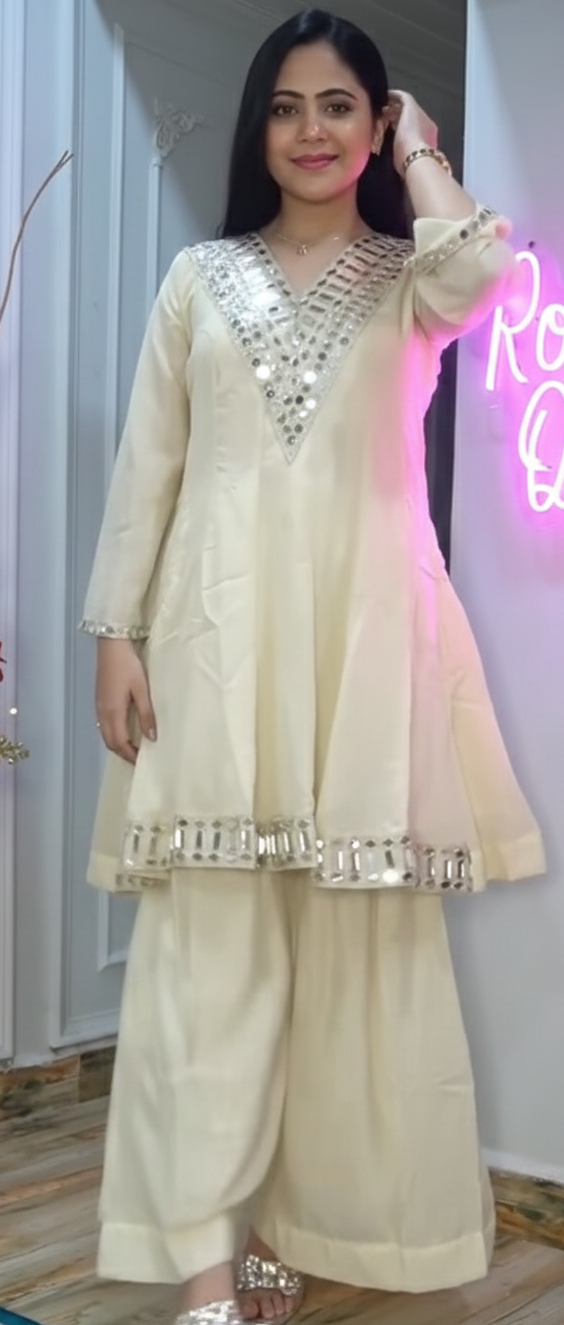 Champagne Gold Tissue Silk Suit with Scalloped Embroidery & Fuchsia Contrast - Image 3