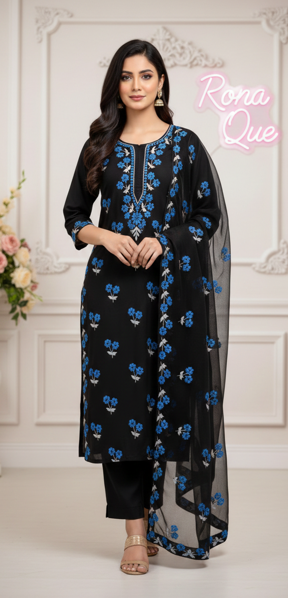 Midnight Black Cotton Silk Suit with Pink Floral Resham Embroidery - Image 3